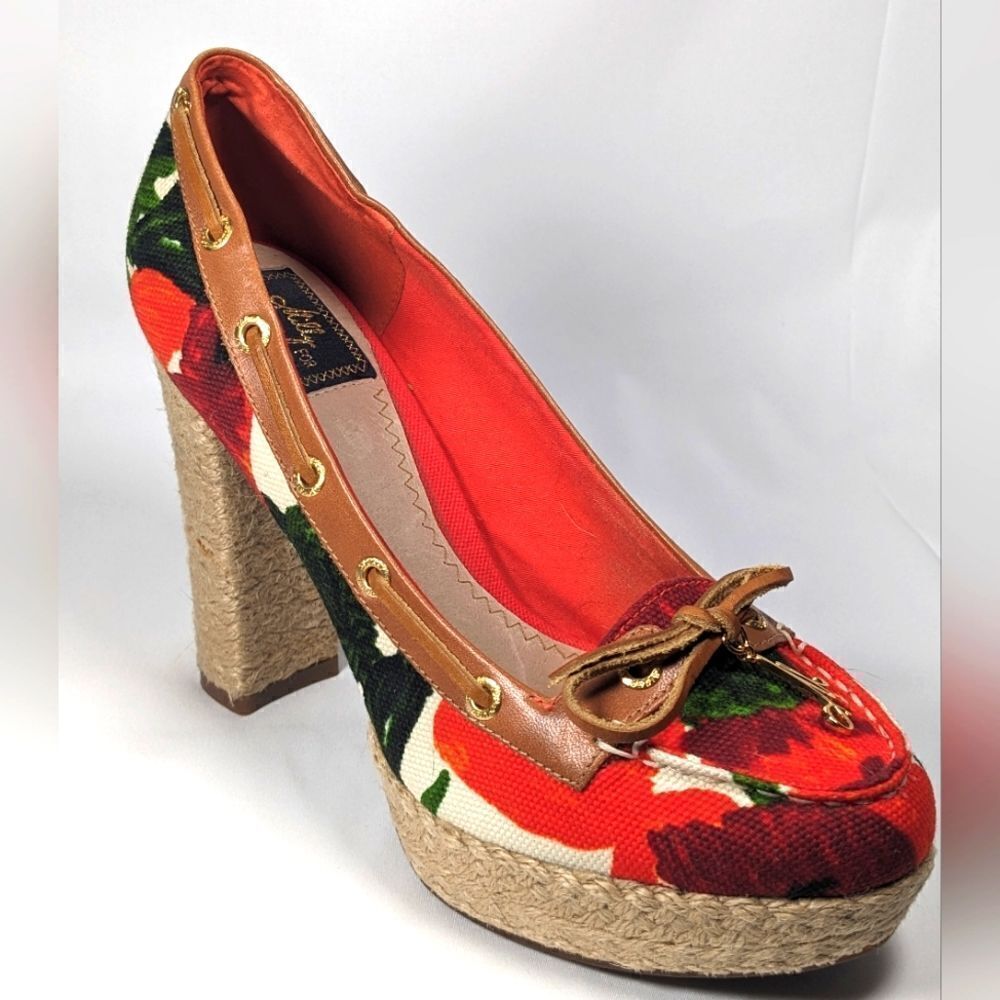 Milly for Sperry A/O Platform Heels in Roses Print Canvas/Cognac Size 7.5
